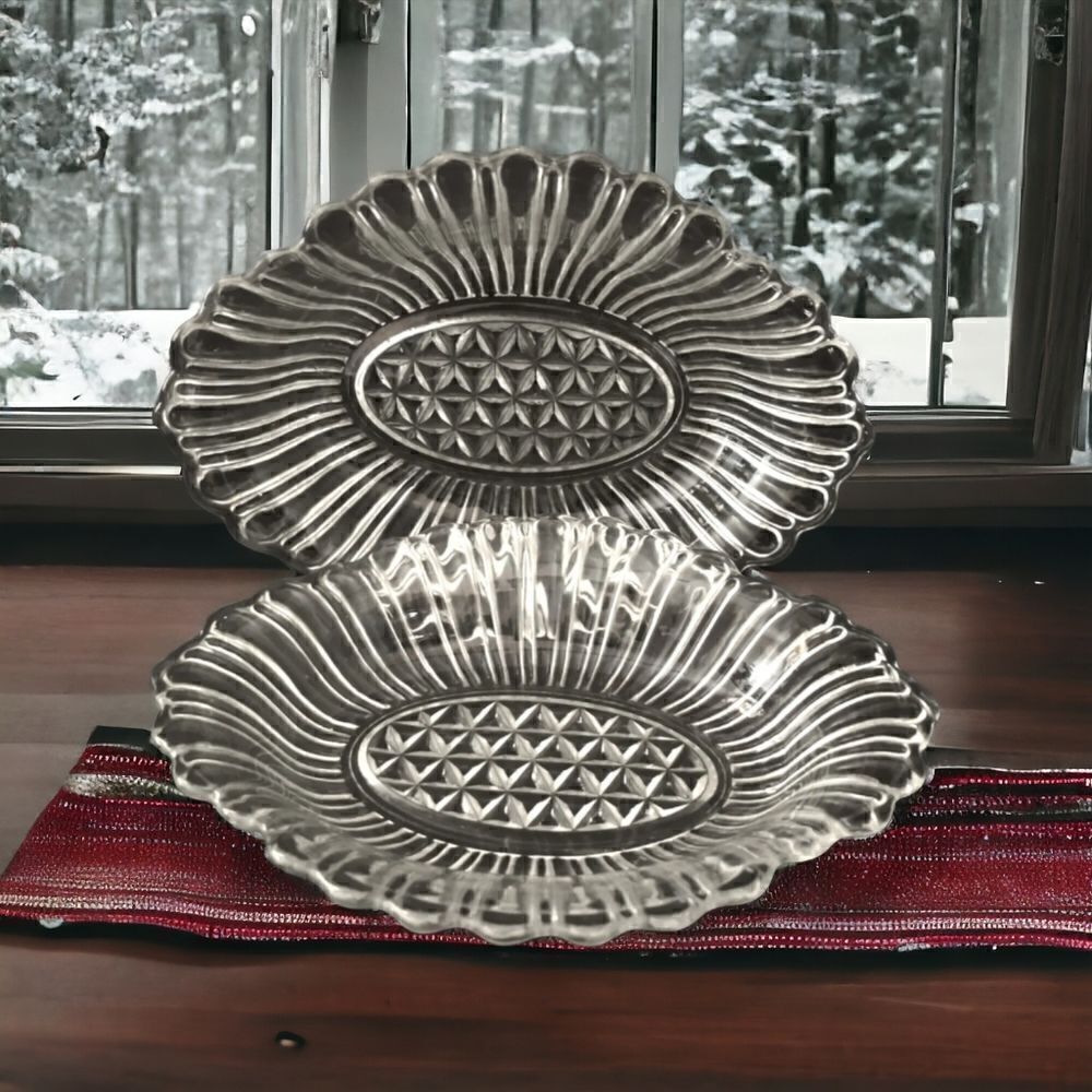 2 Anchor Hocking Glass Vanity Trays Trinket Dish Loop Diamond 5061 Vintage MCM‎